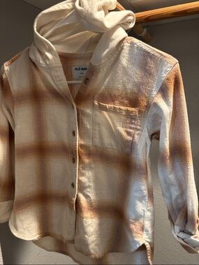 Old Navy Cream and Rust Plaid Hooded Button-Up